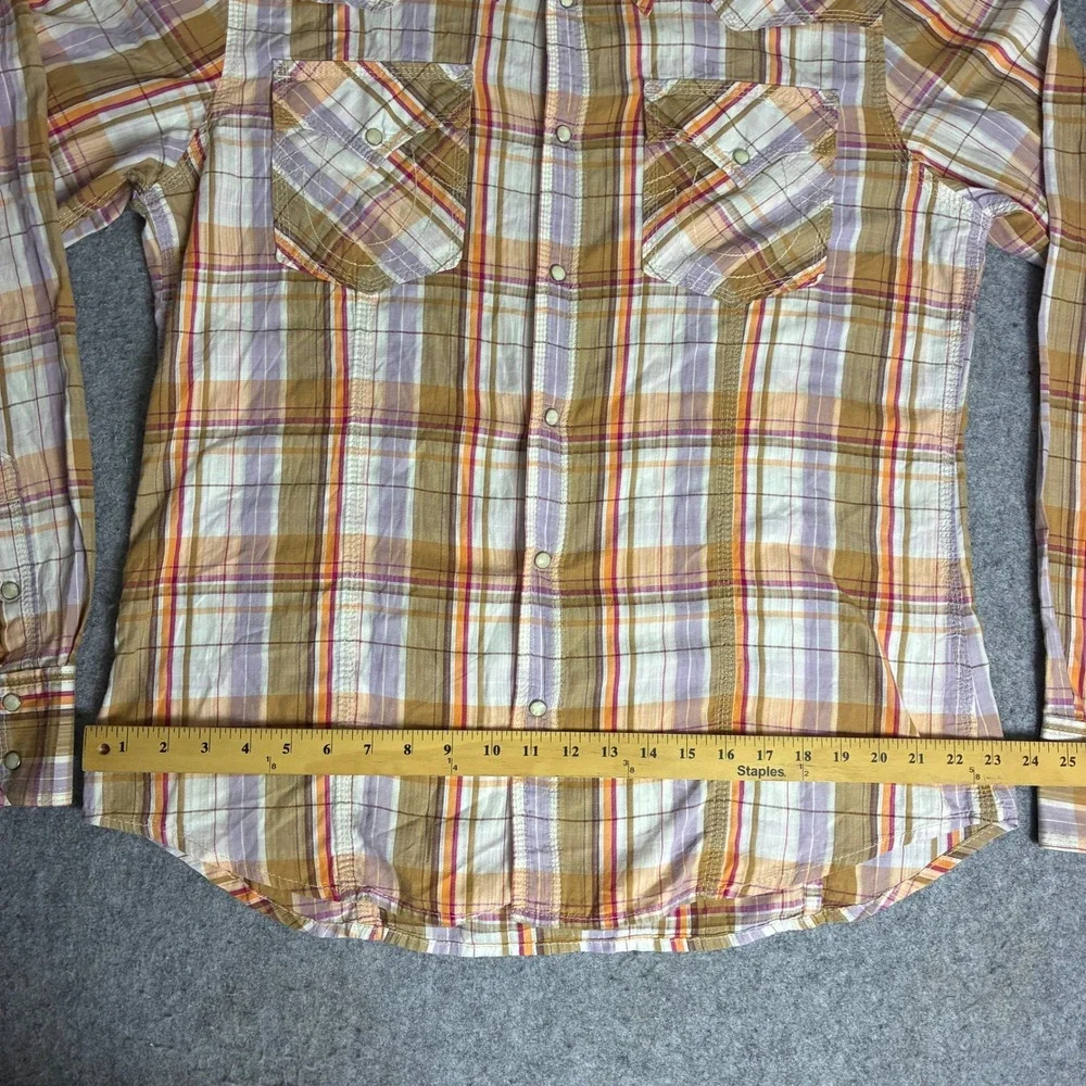 True Religion Mens XXL Western Snap Plaid Shirt Orange Purple Cotton Long Sleeve